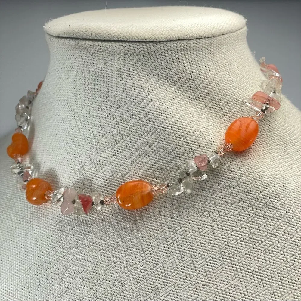 Beautiful Necklace Rose Cherry Clear Quartz Nugget Orange Glass Beaded Statement
